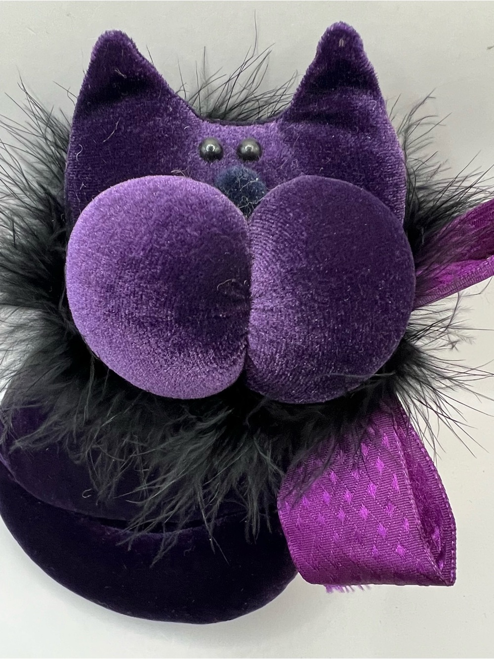 Snickerdoodles 8” Purple Velvet Cat With Black Feather Boa Plush Stuffed Animal